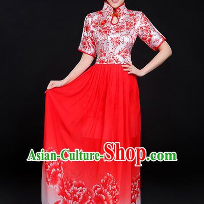 Traditional Chinese Modern Dancing Compere Costume, Women Opening Classic Chorus Singing Group Dance Uniforms, Modern Dance Classic Dance Big Swing Red Cheongsam Dress for Women