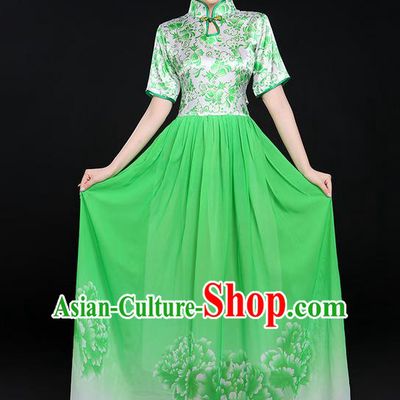 Traditional Chinese Modern Dancing Compere Costume, Women Opening Classic Chorus Singing Group Dance Uniforms, Modern Dance Classic Dance Big Swing Green Cheongsam Dress for Women