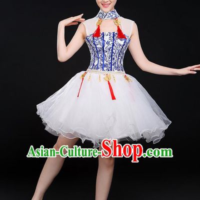 Traditional Chinese Modern Dancing Compere Costume, Women Opening Classic Chorus Singing Group Dance Uniforms, Modern Dance Classic Dance Bubble Cheongsam Short Dress for Women