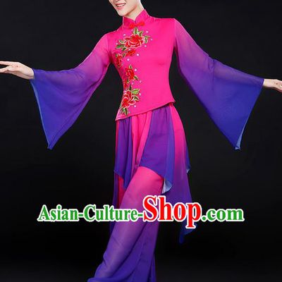 Traditional Chinese Yangge Fan Dancing Costume, Folk Dance Yangko Mandarin Sleeve Uniforms, Classic Umbrella Dance Elegant Dress Drum Dance Peony Purple Clothing for Women