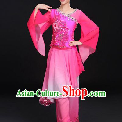 Traditional Chinese Yangge Fan Dancing Costume, Folk Dance Yangko Mandarin Sleeve Uniforms, Classic Umbrella Dance Elegant Dress Drum Dance Paillette Pink Clothing for Women