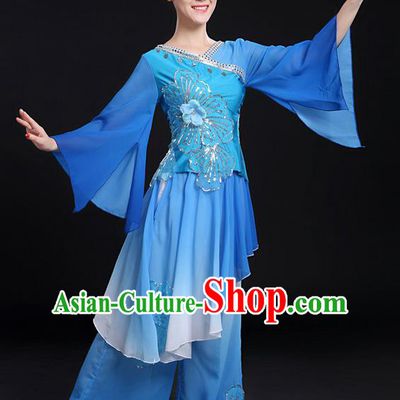 Traditional Chinese Yangge Fan Dancing Costume, Folk Dance Yangko Mandarin Sleeve Uniforms, Classic Umbrella Dance Elegant Dress Drum Dance Paillette Blue Clothing for Women
