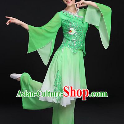 Traditional Chinese Yangge Fan Dancing Costume, Folk Dance Yangko Mandarin Sleeve Uniforms, Classic Umbrella Dance Elegant Dress Drum Dance Paillette Green Clothing for Women
