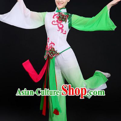 Traditional Chinese Yangge Fan Dancing Costume, Folk Dance Yangko Mandarin Sleeve Uniforms, Classic Umbrella Dance Elegant Dress Drum Dance Paillette Green Clothing for Women