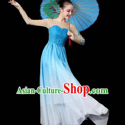 Traditional Chinese Yangge Fan Dancing Costume, Folk Dance Yangko Uniforms, Classic Umbrella Dance Elegant Dress Drum Dance Paillette Blue Clothing for Women