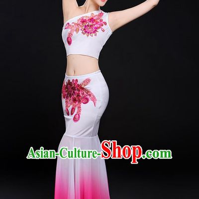 Traditional Chinese Dai Nationality Peacock Dancing Costume, Folk Dance Ethnic Paillette Flowers Fishtail Dress Uniform, Chinese Minority Nationality Dancing Pink Clothing for Women