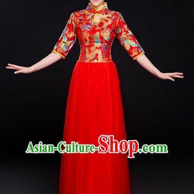 Traditional Chinese Modern Dancing Compere Costume, Women Opening Classic Chorus Singing Group Dance Bubble Uniforms, Modern Dance Classic Dance Big Swing Red Cheongsam Dress for Women