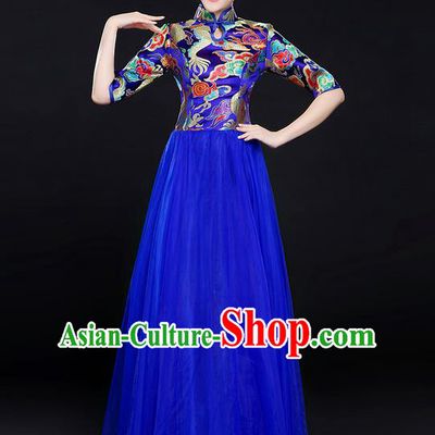 Traditional Chinese Modern Dancing Compere Costume, Women Opening Classic Chorus Singing Group Dance Bubble Uniforms, Modern Dance Classic Dance Big Swing Blue Cheongsam Dress for Women