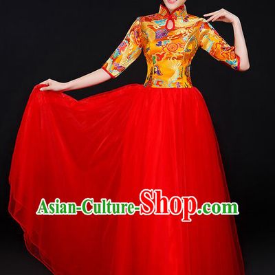 Traditional Chinese Modern Dancing Compere Costume, Women Opening Classic Chorus Singing Group Dance Bubble Uniforms, Modern Dance Classic Dance Big Swing Gold Cheongsam Dress for Women