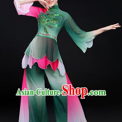Traditional Chinese Yangge Fan Dancing Costume, Folk Dance Yangko Mandarin Sleeve Uniforms, Classic Lotus Dance Elegant Dress Drum Dance Green Clothing for Women