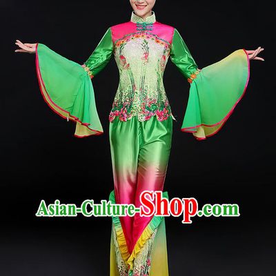 Traditional Chinese Yangge Fan Dancing Costume, Folk Dance Yangko Mandarin Sleeve Uniforms, Classic Lotus Dance Elegant Dress Drum Dance Flowers Clothing for Women