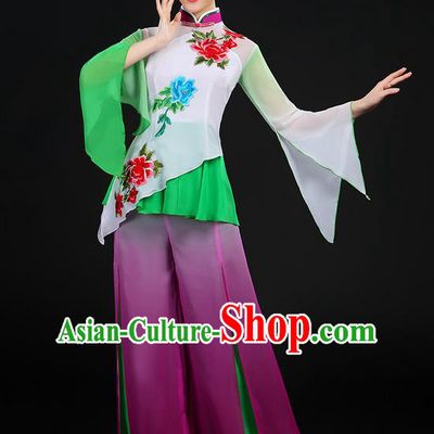 Traditional Chinese Yangge Fan Dancing Costume, Folk Dance Yangko Mandarin Sleeve Embroidered Peony Uniforms, Classic Dance Elegant Dress Drum Dance Flowers Clothing for Women