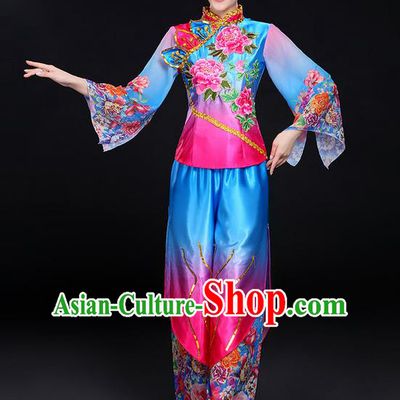 Traditional Chinese Yangge Fan Dancing Costume, Folk Dance Yangko Mandarin Sleeve Peony Flowers Uniforms, Classic Dance Elegant Dress Drum Dance Flowers Clothing for Women