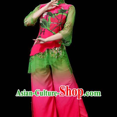 Traditional Chinese Yangge Fan Dancing Costume, Folk Dance Yangko Mandarin Sleeve Uniforms, Classic Lotus Dance Elegant Dress Drum Dance Flowers Clothing for Women