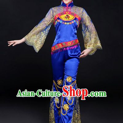 Traditional Chinese Yangge Fan Dancing Costume, Folk Dance Yangko Mandarin Sleeve Embroidered Uniforms, Classic Dance Elegant Dress Drum Dance Flowers Clothing for Women