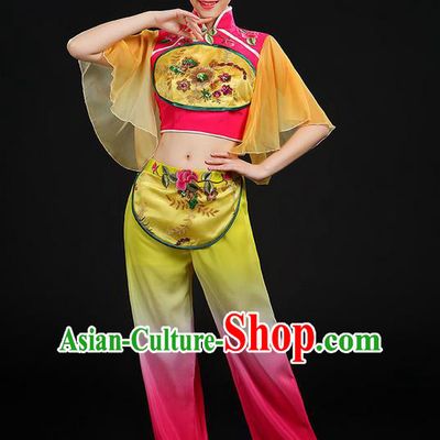 Traditional Chinese Yangge Fan Dancing Costume, Folk Dance Yangko Mandarin Sleeve Embroidered Uniforms, Classic Dance Elegant Dress Drum Dance Flowers Clothing for Women
