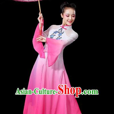 Traditional Chinese Yangge Fan Dancing Costume, Folk Dance Yangko Mandarin Sleeve Embroidered Plum Blossom Uniforms, Classic Umbrella Dance Elegant Dress Drum Dance Pink Clothing for Women