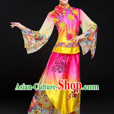 Traditional Chinese Yangge Fan Dancing Costume, Folk Dance Yangko Mandarin Sleeve Paillette Uniforms, Classic Jasmine Flower Dance Elegant Dress Drum Dance Clothing for Women