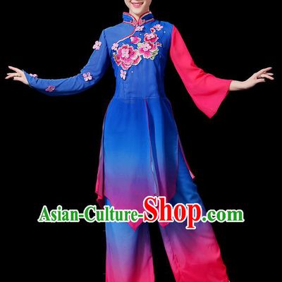 Traditional Chinese Yangge Fan Dancing Costume, Folk Dance Yangko Mandarin Sleeve Uniforms, Classic Dance Elegant Embroidered Peony Dress Drum Dance Clothing for Women