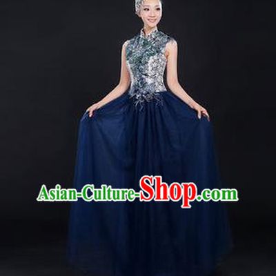Traditional Chinese Modern Dancing Compere Costume, Women Opening Classic Chorus Singing Group Dance Bubble Uniforms, Modern Dance Classic Dance Big Swing Cheongsam Dress for Women