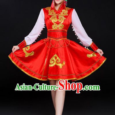 Traditional Chinese Mongol Nationality Dancing Costume, Mongols Female Folk Dance Ethnic Skirt, Chinese Mongolian Minority Nationality Embroidery Costume for Women