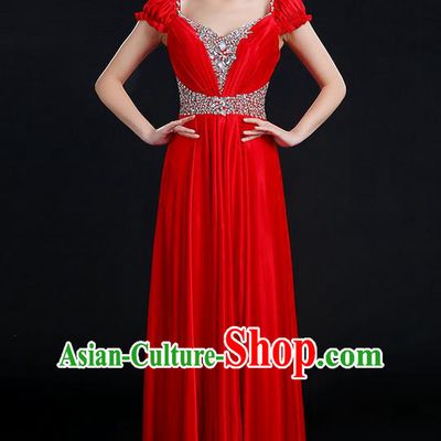 Traditional Chinese Modern Dancing Compere Costume, Women Opening Classic Chorus Singing Group Dance Crystal Dress Uniforms, Modern Dance Classic Dance Big Swing Red Dress for Women