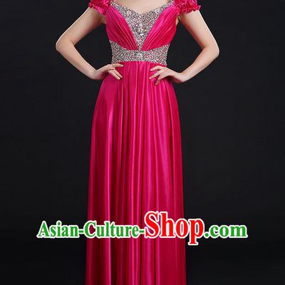 Traditional Chinese Modern Dancing Compere Costume, Women Opening Classic Chorus Singing Group Dance Crystal Dress Uniforms, Modern Dance Classic Dance Big Swing Rose Dress for Women