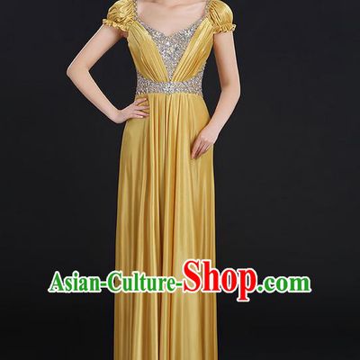 Traditional Chinese Modern Dancing Compere Costume, Women Opening Classic Chorus Singing Group Dance Crystal Dress Uniforms, Modern Dance Classic Dance Big Swing Gold Dress for Women