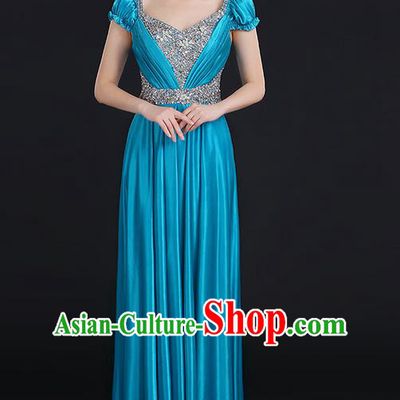 Traditional Chinese Modern Dancing Compere Costume, Women Opening Classic Chorus Singing Group Dance Crystal Dress Uniforms, Modern Dance Classic Dance Big Swing Blue Dress for Women