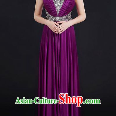 Traditional Chinese Modern Dancing Compere Costume, Women Opening Classic Chorus Singing Group Dance Crystal Dress Uniforms, Modern Dance Classic Dance Big Swing Purple Dress for Women