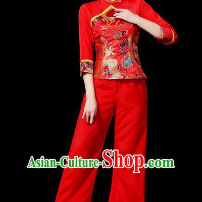 Traditional Chinese Yangge Fan Dancing Costume, Folk Dance Yangko Mandarin Sleeve Uniforms, Classic Dance Elegant Stand Collar Dress Drum Dance Red Clothing for Women