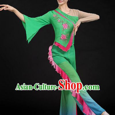 Traditional Chinese Yangge Fan Dancing Costume, Folk Dance Yangko Mandarin Sleeve Uniforms, Classic Umbrella Dance Elegant Dress Drum Dance Green Clothing for Women