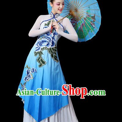 Traditional Chinese Yangge Fan Dancing Costume, Folk Dance Yangko Uniforms, Classic Umbrella Dance Elegant Peony Dress Drum Dance Clothing for Women