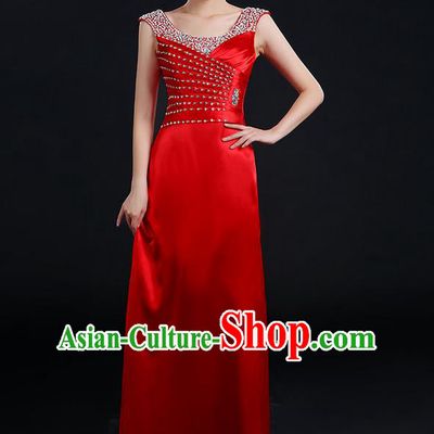 Traditional Chinese Modern Dancing Compere Costume, Women Opening Classic Chorus Singing Group Dance Crystal Dress Uniforms, Modern Dance Classic Dance Red Dress for Women