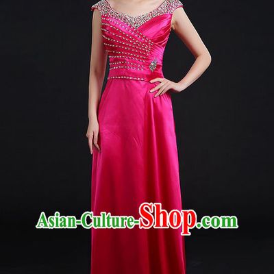 Traditional Chinese Modern Dancing Compere Costume, Women Opening Classic Chorus Singing Group Dance Crystal Dress Uniforms, Modern Dance Classic Dance Rose Dress for Women