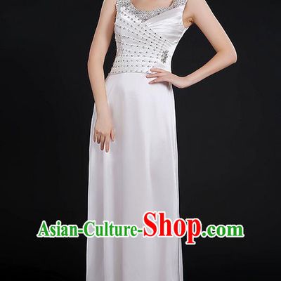 Traditional Chinese Modern Dancing Compere Costume, Women Opening Classic Chorus Singing Group Dance Crystal Dress Uniforms, Modern Dance Classic Dance White Dress for Women