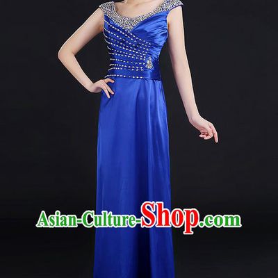 Traditional Chinese Modern Dancing Compere Costume, Women Opening Classic Chorus Singing Group Dance Crystal Dress Uniforms, Modern Dance Classic Dance Royalblue Dress for Women