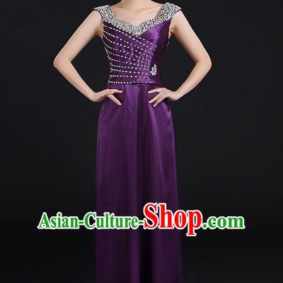 Traditional Chinese Modern Dancing Compere Costume, Women Opening Classic Chorus Singing Group Dance Crystal Dress Uniforms, Modern Dance Classic Dance Purple Dress for Women