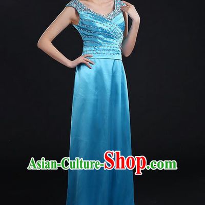Traditional Chinese Modern Dancing Compere Costume, Women Opening Classic Chorus Singing Group Dance Crystal Dress Uniforms, Modern Dance Classic Dance Blue Dress for Women
