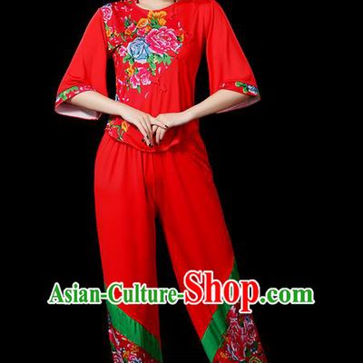 Traditional Chinese Yangge Fan Dancing Costume, Folk Dance Yangko Peony Uniforms, Classic Umbrella Dance Elegant Dress Drum Dance Red Clothing for Women