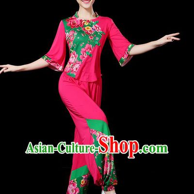 Traditional Chinese Yangge Fan Dancing Costume, Folk Dance Yangko Peony Uniforms, Classic Umbrella Dance Elegant Dress Drum Dance Pink Clothing for Women