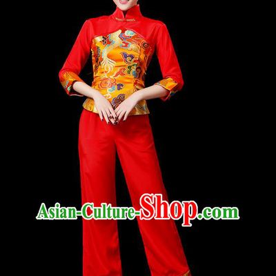 Traditional Chinese Yangge Fan Dancing Costume, Folk Dance Yangko Mandarin Sleeve Uniforms, Classic Dance Elegant Stand Collar Dress Drum Dance Gold Clothing for Women