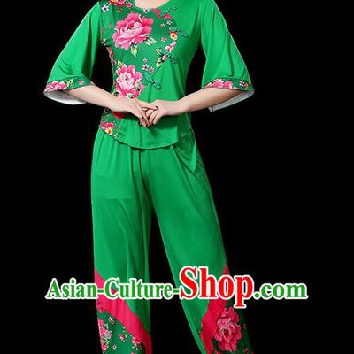 Traditional Chinese Yangge Fan Dancing Costume, Folk Dance Yangko Peony Uniforms, Classic Umbrella Dance Elegant Dress Drum Dance Green Clothing for Women
