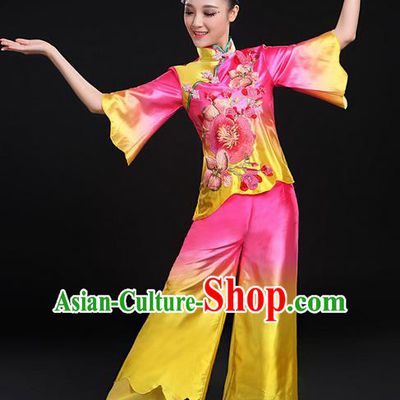 Traditional Chinese Yangge Fan Dancing Costume, Folk Dance Yangko Uniforms, Classic Umbrella Dance Elegant Mandarin Sleeve Dress Drum Dance Pink Clothing for Women