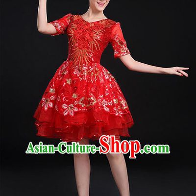 Traditional Chinese Modern Dancing Compere Costume, Women Opening Classic Chorus Singing Group Dance Paillette Uniforms, Modern Dance Bubble Short Red Dress for Women