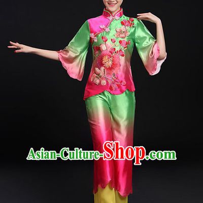 Traditional Chinese Yangge Fan Dancing Costume, Folk Dance Yangko Uniforms, Classic Umbrella Dance Elegant Mandarin Sleeve Dress Drum Dance Green Clothing for Women