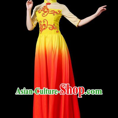 Traditional Chinese Yangge Fan Dancing Costume, Folk Dance Yangko Uniforms, Classic Umbrella Dance Elegant Mandarin Collar Dress Drum Dance Clothing for Women