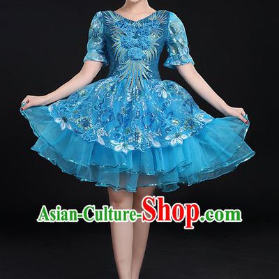 Traditional Chinese Modern Dancing Compere Costume, Women Opening Classic Chorus Singing Group Dance Paillette Uniforms, Modern Dance Bubble Short Blue Dress for Women