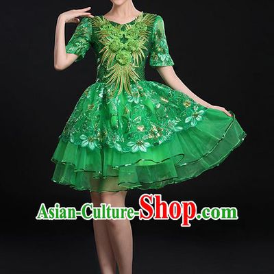 Traditional Chinese Modern Dancing Compere Costume, Women Opening Classic Chorus Singing Group Dance Paillette Uniforms, Modern Dance Bubble Short Green Dress for Women
