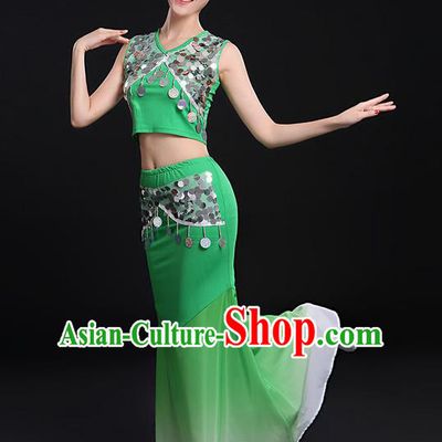 Traditional Chinese Dai Nationality Peacock Dancing Costume, Folk Dance Ethnic Paillette Fishtail Dress Uniform, Chinese Minority Nationality Dancing Green Clothing for Women